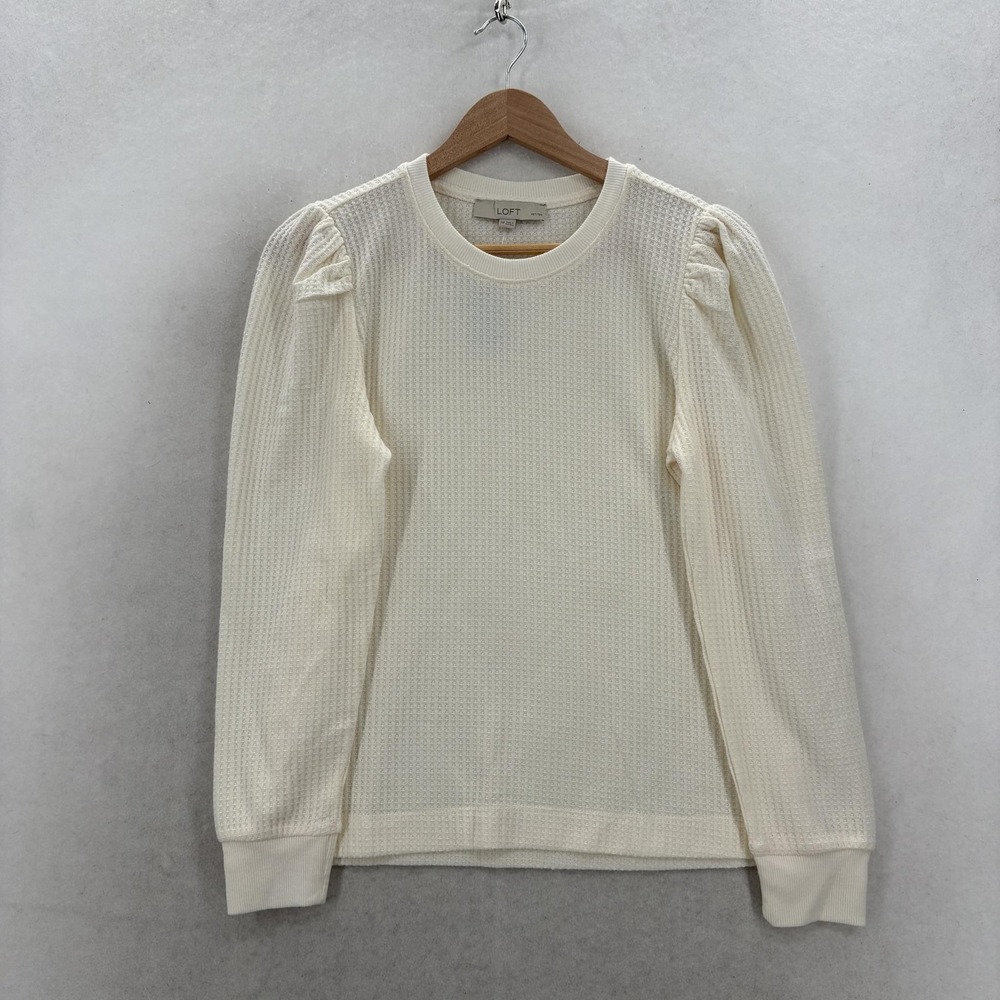 LOFT Shirt Womens M Petite White Waffle Knit Puff Long Sleeve Tee Casual NWT